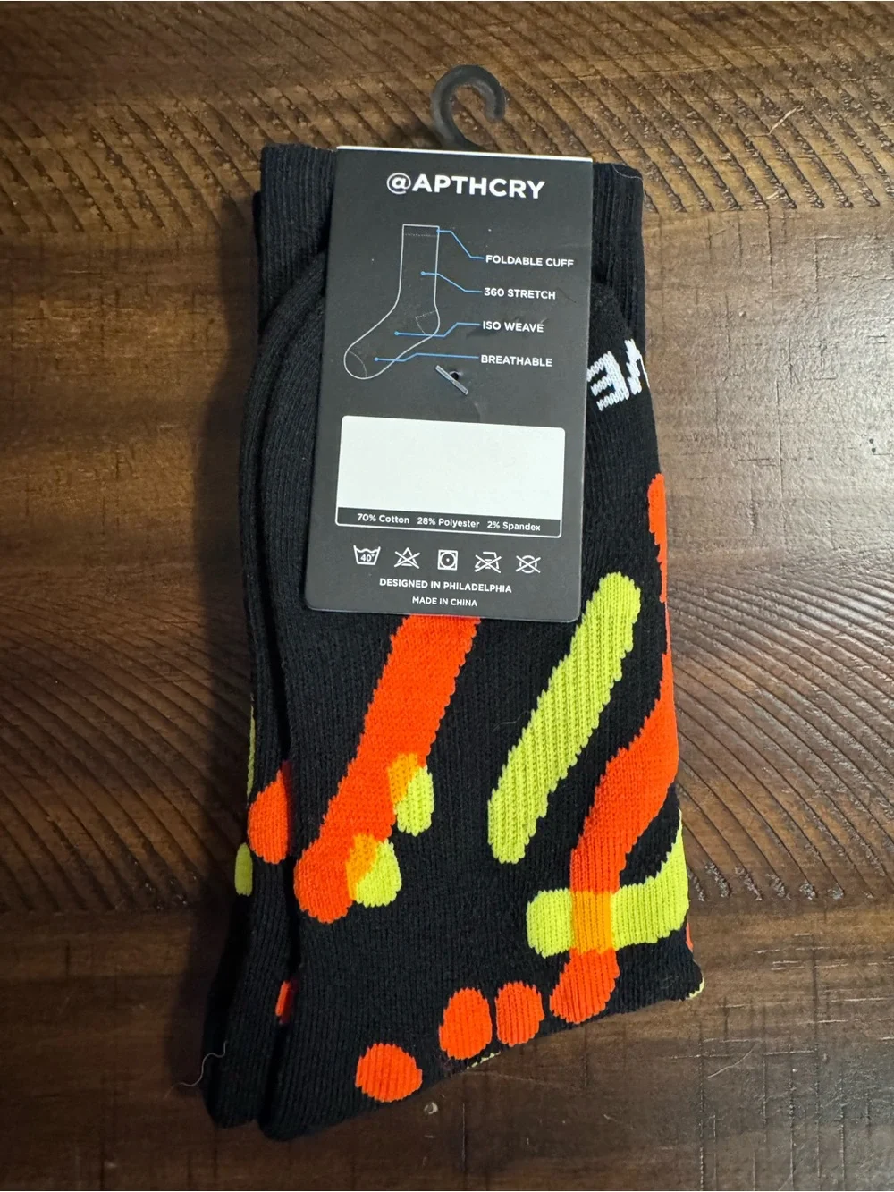 APTHCRY Men’s Black Socks with Neon Orange & Neon Yellow Design